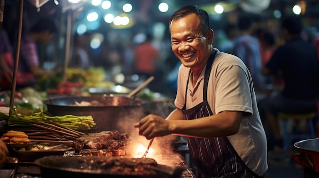 Marché nocturne indonésien animé avec des vendeurs de grillades Satay
