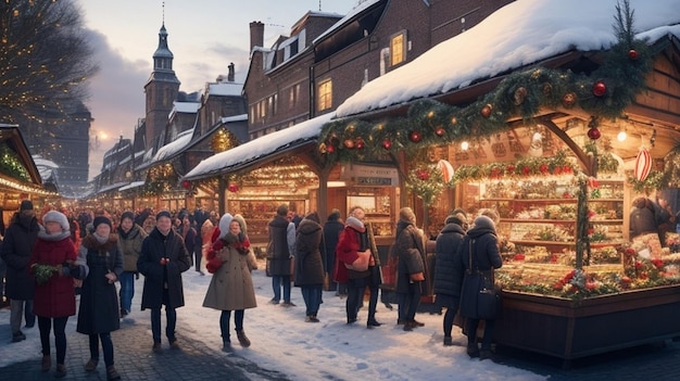 Marché de Noël animé de gens achetant des cadeaux uniques Images du marché de Noël