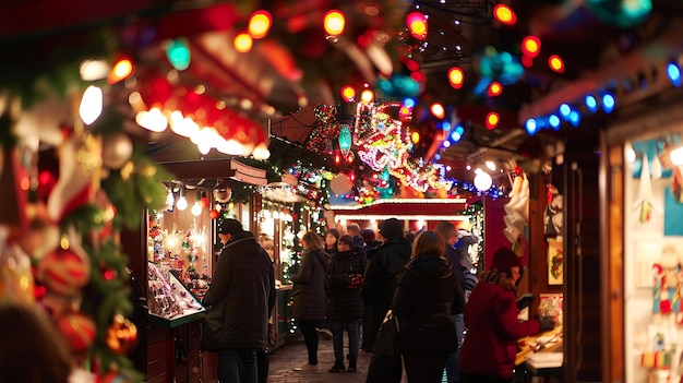 Un marché de Noël animé où les acheteurs parcourent les étals à la recherche de cadeaux uniques.