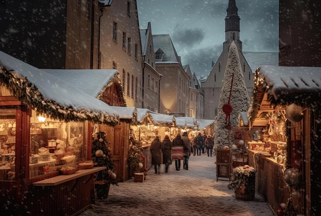 un marché de noël dans une ville avec des maisons et des arbres dans le style de la photographie schlieren