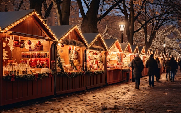 Marché de Noël et décorations Les gens font leurs achats de Noëls et de Nouvel An dans une atmosphère festive