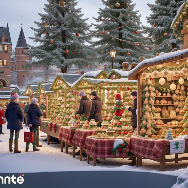 Un marché de Noël festif avec des étals vendant des ornements