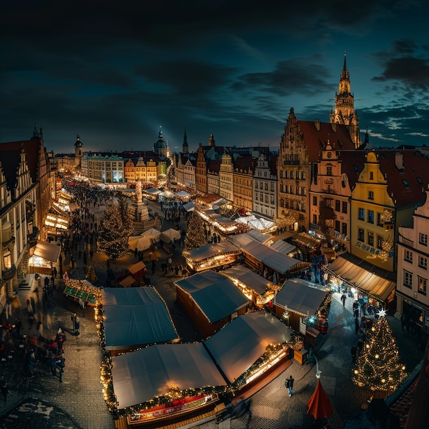 Photo marché de noël de wroclaw vue aérienne de nuit illumination festive