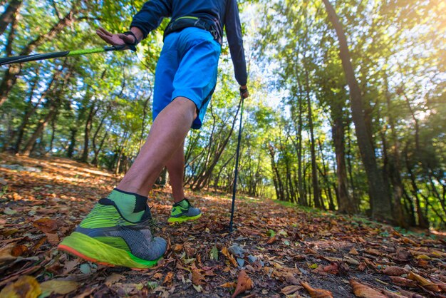 Marche nordique entre les feuilles des bois à l'automne