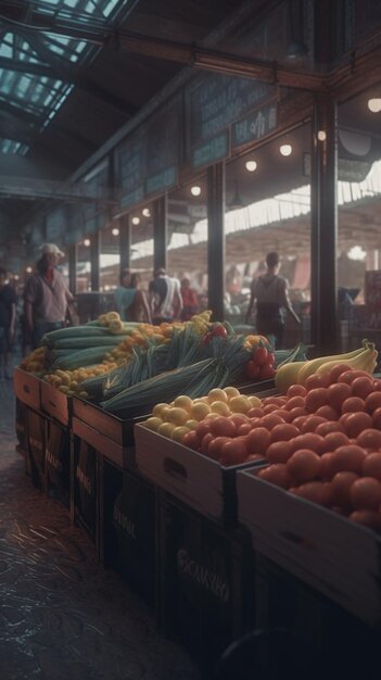 Un marché avec une pancarte " produits frais "