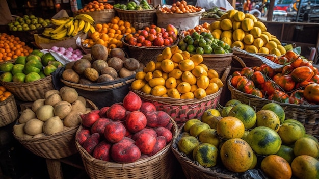 Un marché avec des paniers de mangues et autres fruits