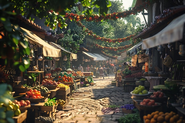 Le marché pittoresque du village est rempli de vendeurs.