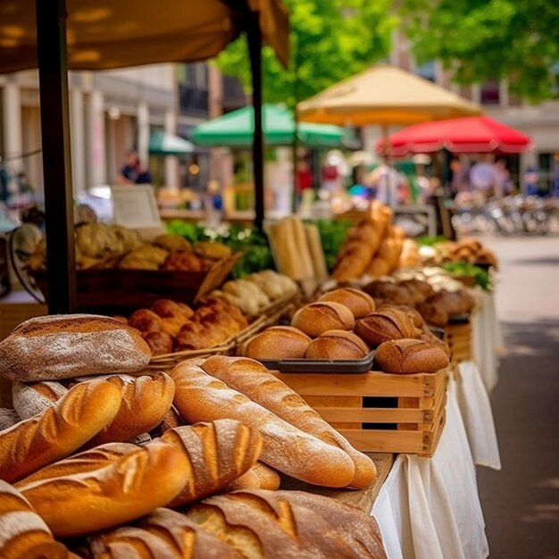 Photo un marché en plein air animé où les vendeurs exposent des piles de baguettes