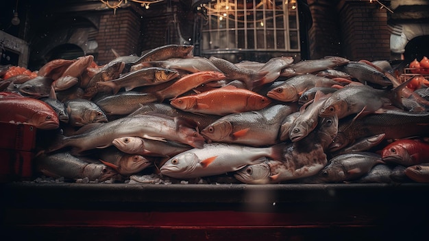 Photo un marché à poisson avec un homme qui regarde le poisson