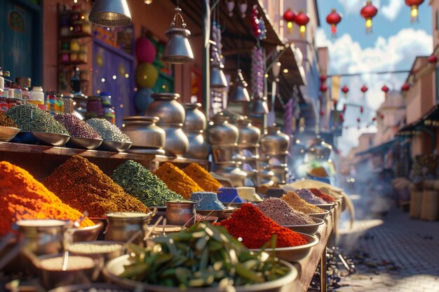 Photo un marché de rue animé avec des étals vendant des épices