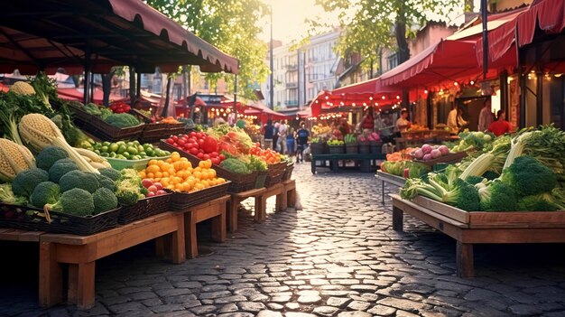 Marché de rue animé avec fruits et légumes frais