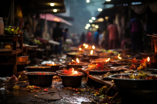 un marché de rue avec beaucoup de nourriture sur le terrain