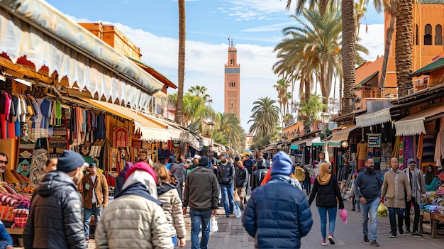 Photo marché de rue bondé de gens qui se promènent et font leurs courses la rue est bordée de magasins et d'étals vendant une variété de marchandises