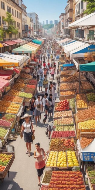 Photo un marché de rue d'été animé rempli de vues et d'odeurs de produits frais, de textiles vibrants et d'artistes de rue animés.