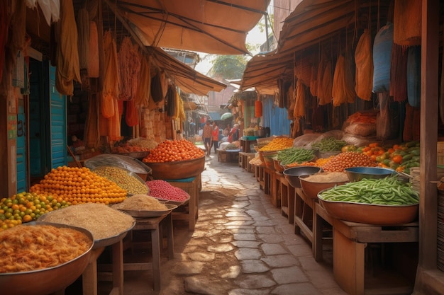 Marché de rue exotique avec des épices de produits frais et des huiles de cuisson créées avec une IA générative