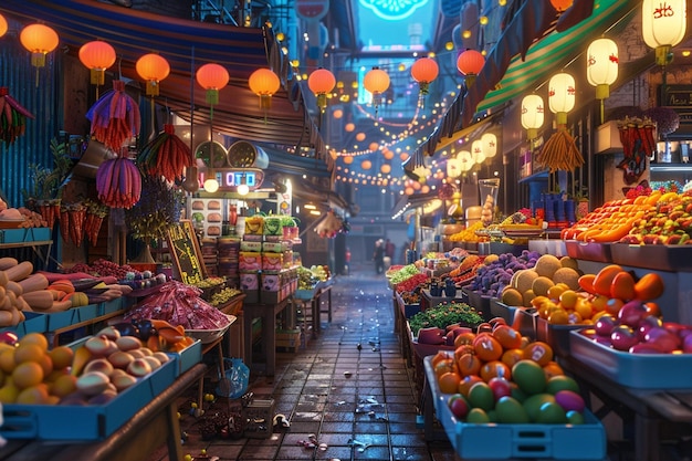 Marché de rue futuriste avec des vendeurs vendant des biens