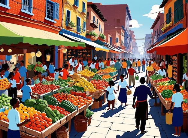 Photo un marché de rue avec des gens qui achètent et vendent des fruits