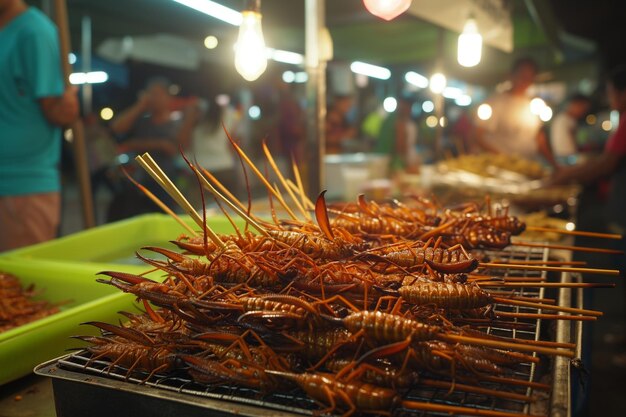 Photo marché de rue grillons frits et cafards sur des brochettes