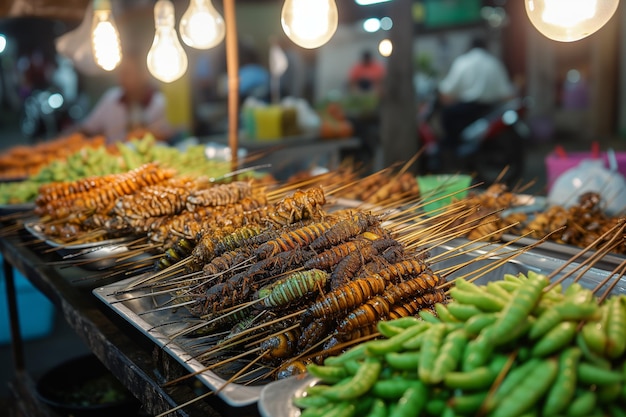 Photo marché de rue grillons frits et cafards sur des brochettes