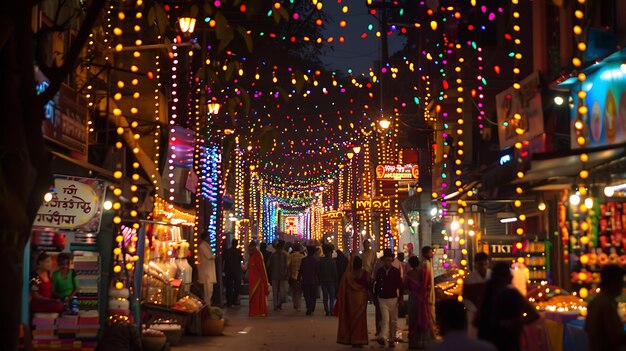 Un marché de rue en Inde est éclairé de nuit par des lumières colorées.