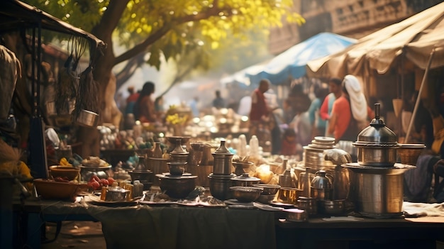 Un marché de rue où des vendeurs de différentes cultures vendent leurs marchandises