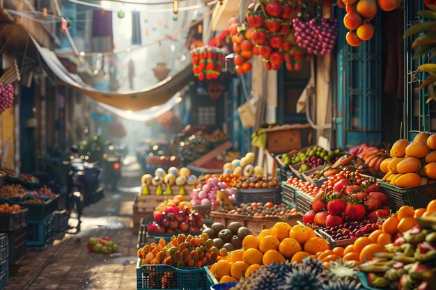 Marché de rue vibrant rempli de fruits exotiques