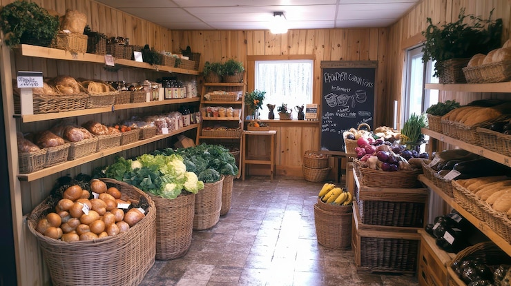 Photo un marché rustique confortable avec des étagères en bois de produits biologiques, de boulangerie et d'herbes aromatiques