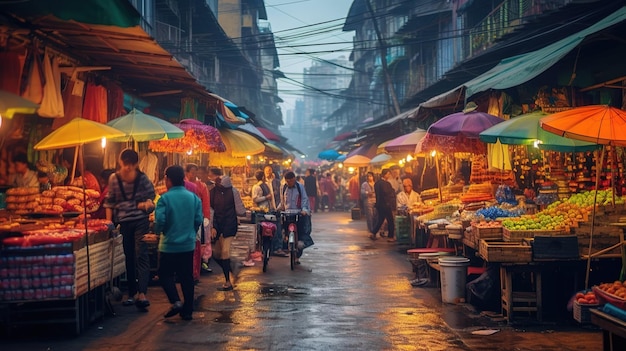 Un marché sous la pluie