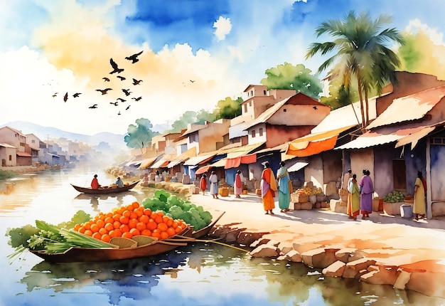 Marché traditionnel de légumes du village de Riverside et paysage coloré Peinture à l'aquarelle du paysage