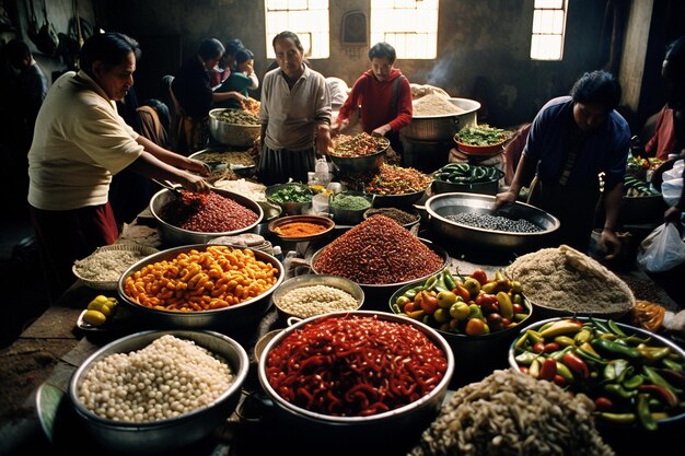 Photo un marché traditionnel mexicain avec des vendeurs vendant de l'artisanat et de la nourriture faits à la main