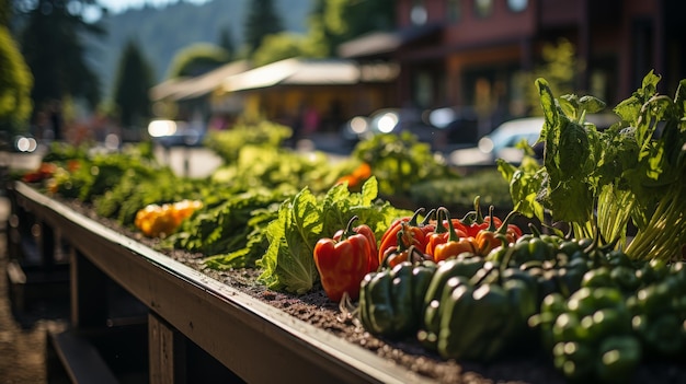 Un marché urbain animé d'agriculteurs où les vendeurs présentent des produits cultivés localement.