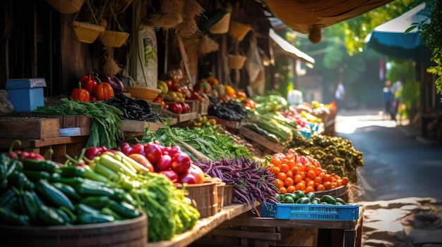 un marché avec une variété de légumes, notamment des tomates, des oignons et d'autres légumes.