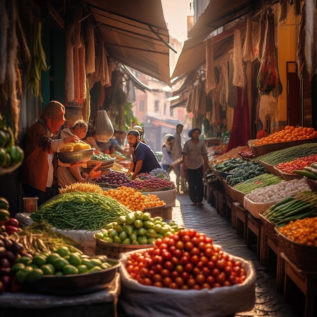 un marché avec une variété de légumes, y compris des tomates, des tomates et d'autres légumes