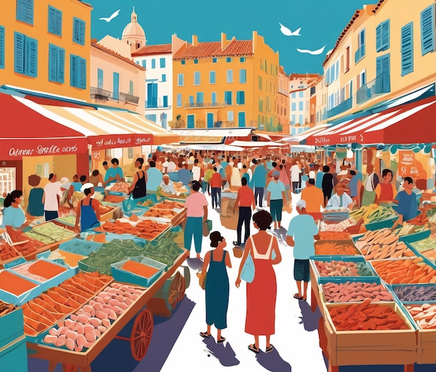 un marché de la ville avec des gens qui font leurs courses