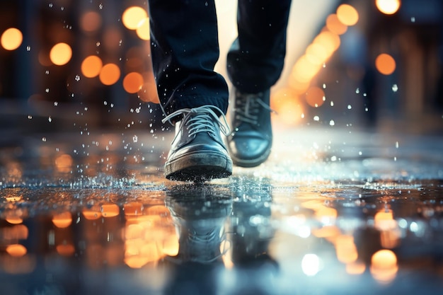 Marcher avec des chaussures légères futuristes dans la rue sous la pluie