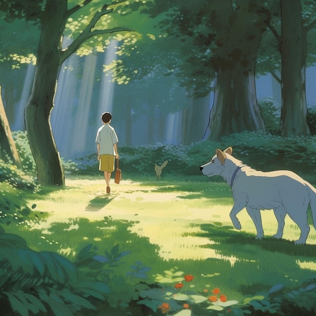 Marcher avec un chien dans un parc ensoleillé dans le style anime