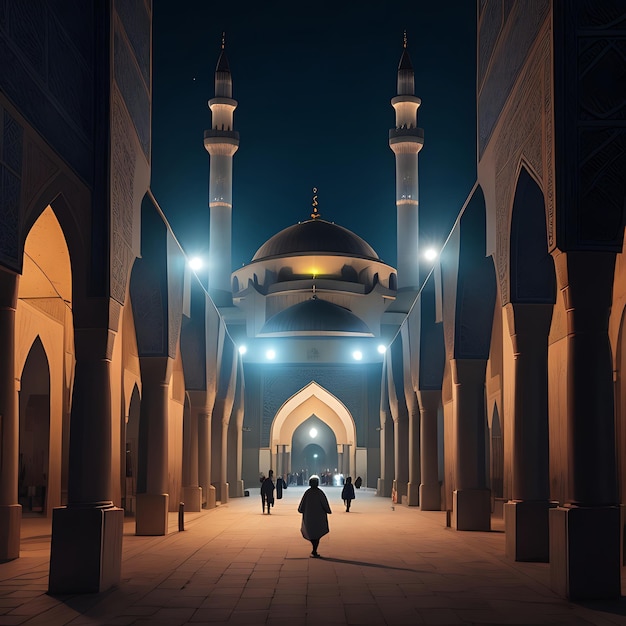 Photo marcher à l'intérieur d'une célèbre mosquée illuminée la nuit