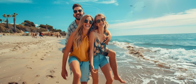 Marcher le long de la plage avec un groupe d'amis avec des hommes sur le dos de leurs amies une journée à la plage with happy young friends