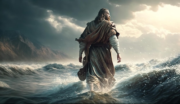 Marcher sur la mer de Galilée Jésus-Christ Generative AI