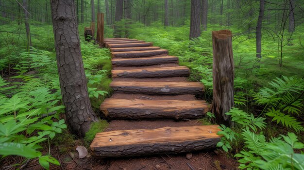 Des marches de bois rustiques qui mènent à travers la forêt