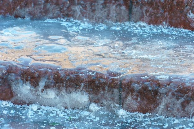 Photo des marches couvertes de glace sur les escaliers mauvais temps en hiver trottoir gelé dangereux pour marcher risque de glisser et de tomber