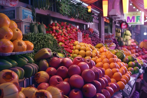 Des marchés de fruits animés avec des tas de produits frais