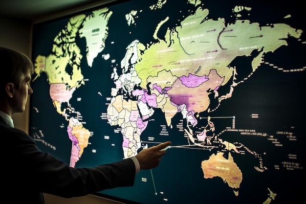 Marchés mondiaux Un homme méconnaissable pointant vers une carte du monde avec différentes bourses