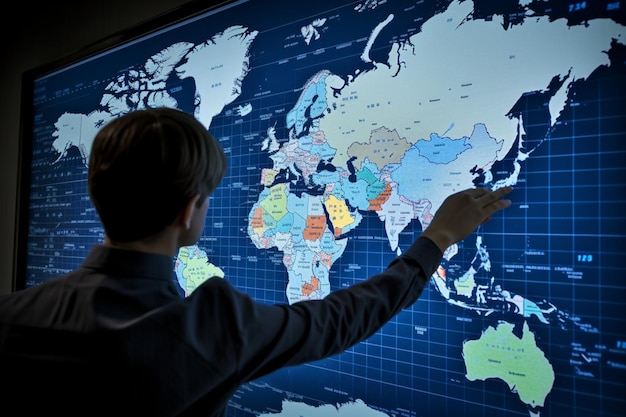 Marchés mondiaux Un homme méconnaissable pointant vers une carte du monde avec différentes bourses