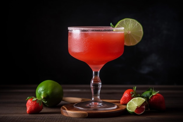 Une margarita aux fraises avec un quartier de citron vert sur une table en bois.