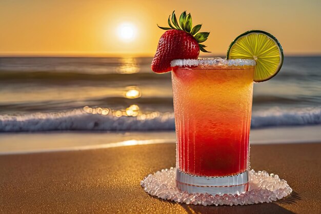 Margarita à la fraise avec des cristaux de sel accrochés au bord du verre au coucher de soleil sur la plage