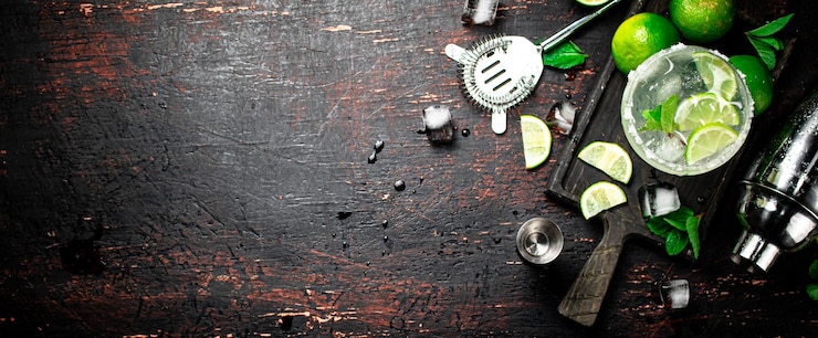 Photo margarita sur une planche à découper avec des morceaux de citron vert et des feuilles de menthe