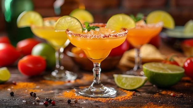 Margaritas variées vibrantes jantes salées agrumes garnitures de bar menu de fête mexicaine généré par l'IA