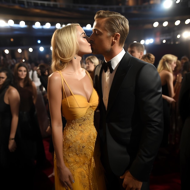 Margot Robbie comme Barbie et Ryan Gosling comme Kent s'embrassant