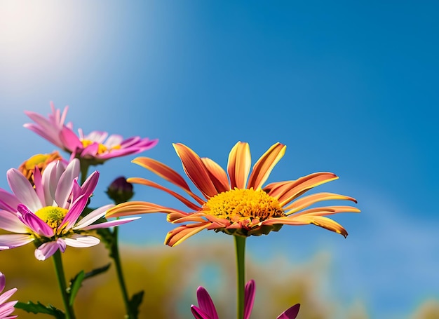 Une marguerite colorée sous la lumière du soleil du ciel bleu